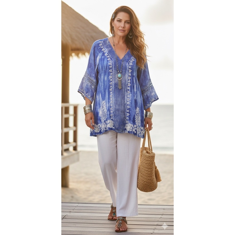 Shoreline‎ Blue Tie Dye Pineapple Embroidered Tunic Top 2XL Beach Coastal